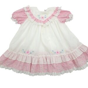 Vintage Floral Embroidered Ruffle Eyelet Lace Dress Pink White Toddler 3T